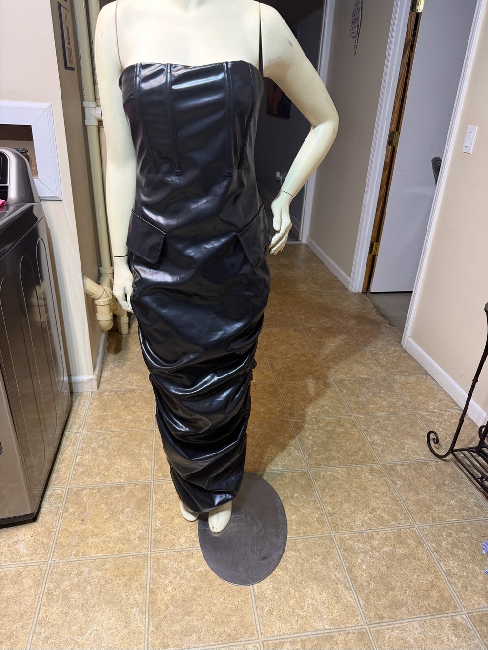 AKIRA Black Strapless Faux Leather Ruched Cargo Maxi Dress